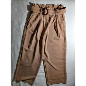 Ann Taylor Pants Womens Petite Small Beige Paperbag High Waist Wide Leg Belted